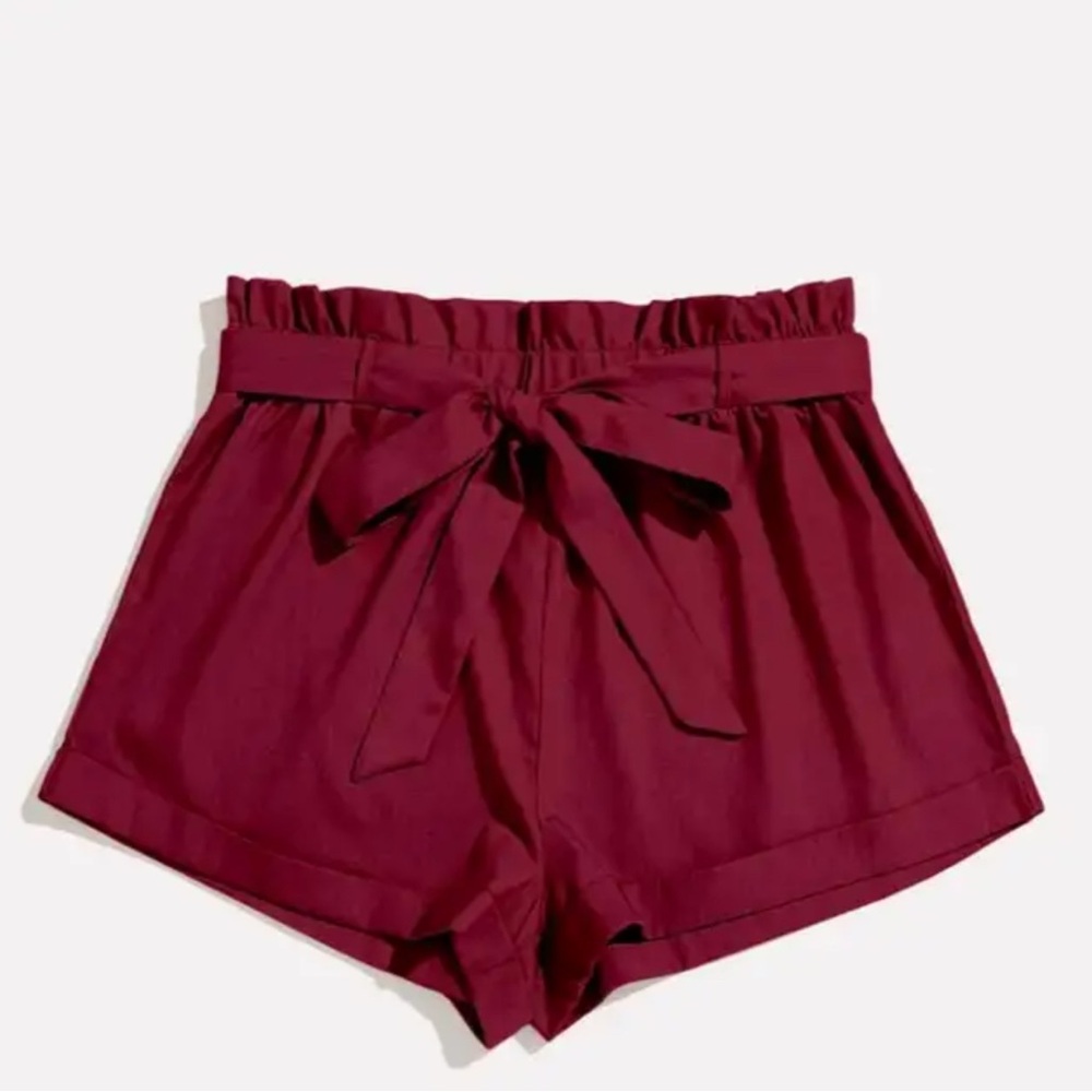 Plus Paper Bag Waist Belted Shorts Colour Burgundy